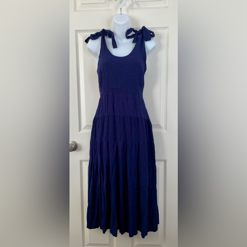 Altar'd State Navy Tiered Shoulder Tie Midi Dress